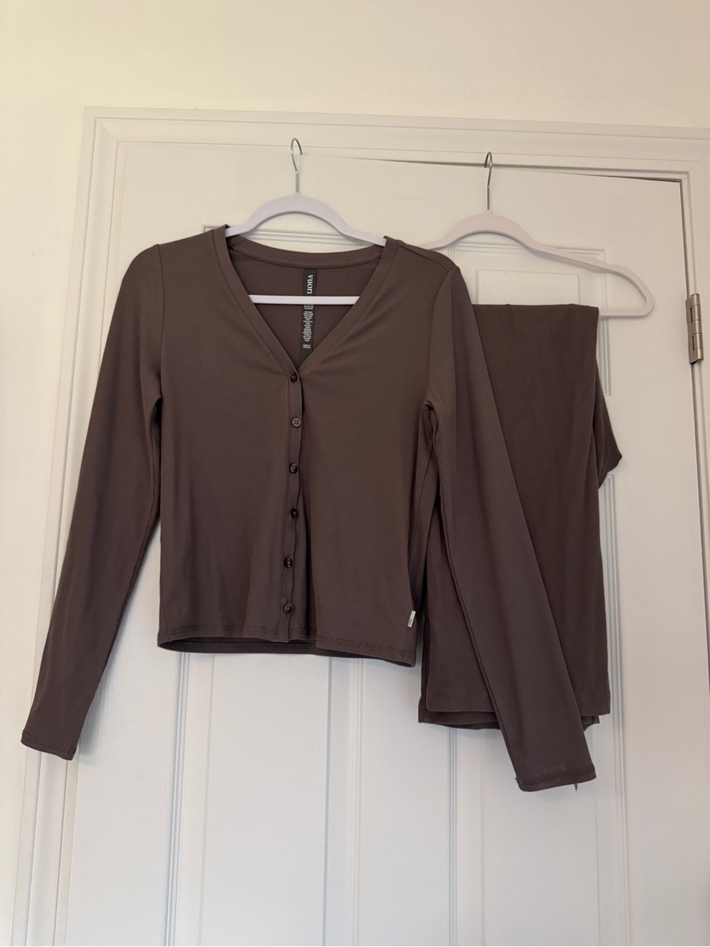 Vuori Taupe Ribbed Button Cardigan + Pants Set Medium